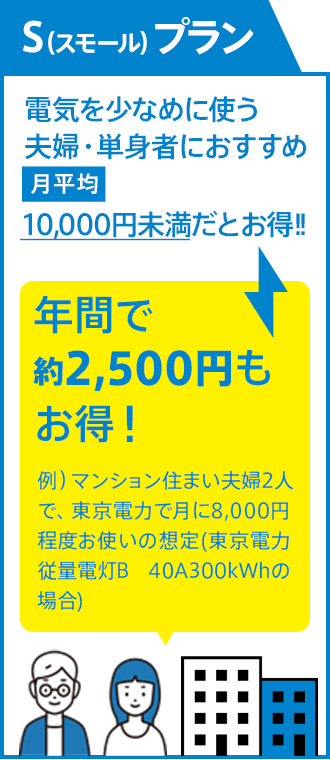 S（スモール）プラン 電気を少なめに使う夫婦・単身者におすすめ 月平均10,000円未満だとお得！！年間で約2,500円もお得！マンション住まい夫婦2人で、東京電力で月に8,000円程度お使いの想定(東京電力従量電灯B 40A300kWhの場合)