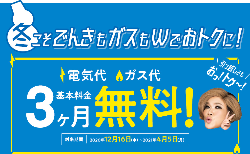 冬こそでんきもガスもWでおトクに! 電気代 ガス代 基本料金3ヶ月無料! 対象期間2020年12月16日(水)~2021年4月5日(月)
