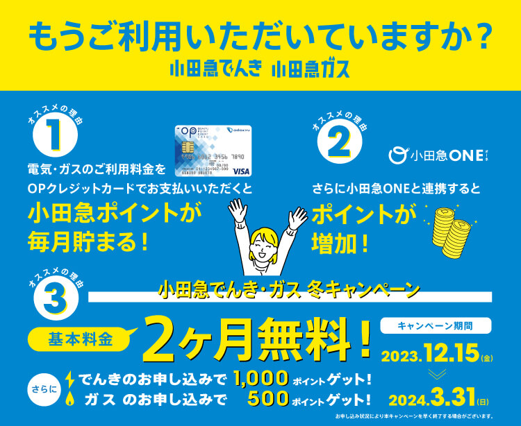 小田急でんき・ガスの冬キャンペーンで基本料金2ヶ月無料！さらに最大1,500ポイントゲット！2024年3月31日までに、新規で小田急でんき・ガスにお申し込みの方限定。