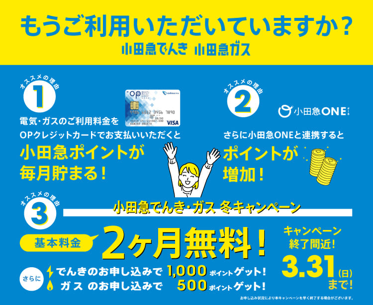 小田急でんき・ガスの冬キャンペーンで基本料金2ヶ月無料！さらに最大1,500ポイントゲット！2024年3月31日までに、新規で小田急でんき・ガスにお申し込みの方限定。